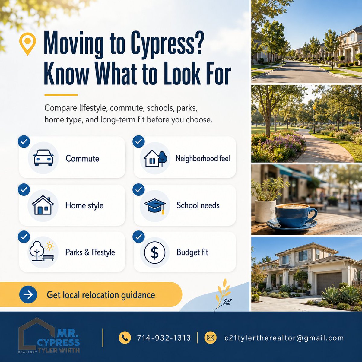 TheRealtorTyler's tweet photo. Moving to Cypress? Don't just pick a house, pick the right fit.

Commute • Schools • Parks • Vibe • Budget

I'll help you check every box. Let's talk!

📞 714-932-1313
📧 c21tylertherealtor@gmail.com https://t.co/dJpfeiR73w