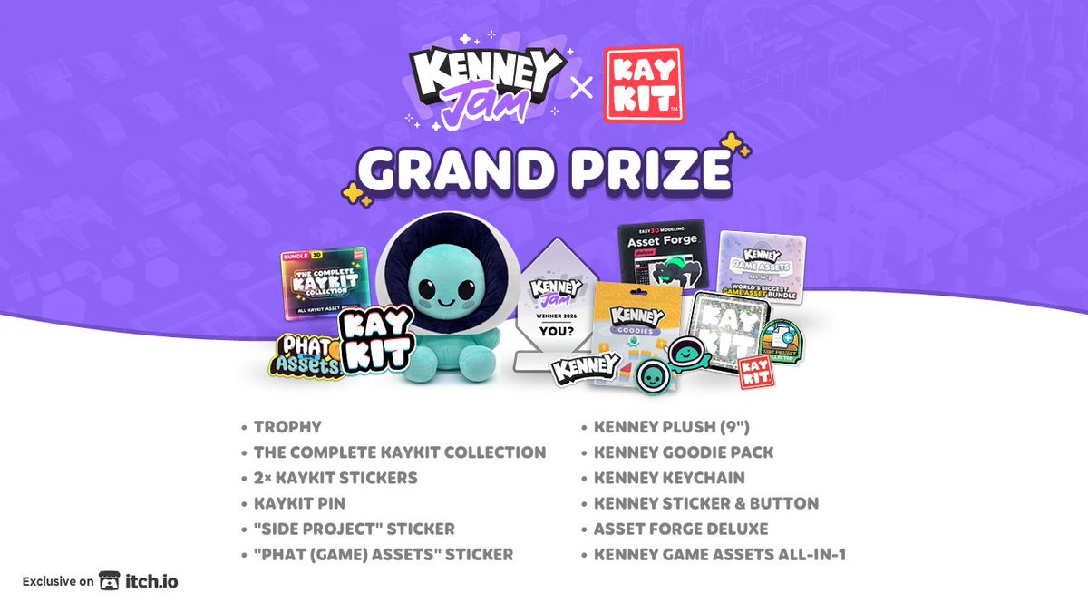 KenneyNL's tweet photo. Super excited to announce the grand prize of #KenneyJam 2026! You'll win a trophy, plush, all of @KayLousberg's assets ever, exclusive merchandise and much more.

There's still time to pre-register: https://t.co/Dko8yhQjZz https://t.co/TpgP5KypgN