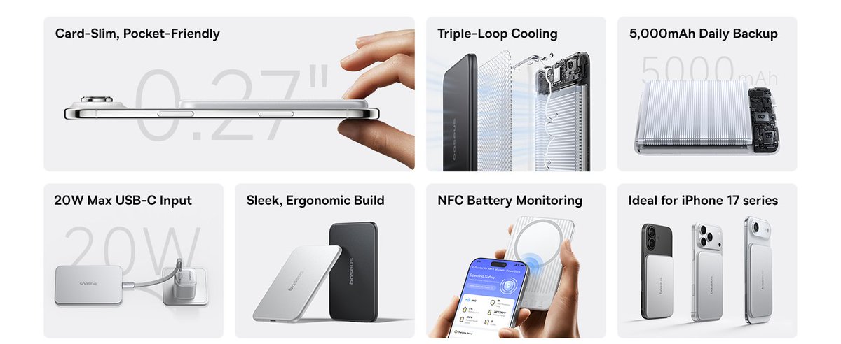 stufflistings's tweet photo. There's a new super thin magnetic power bank in town.

6.8mm thick, 5,000mAh battery, 20W wired charging via USB-C, NFC app pairing to check battery health and charging cycles, priced at $69.99.

The Baseus Picogo Air AM71... https://t.co/2hII4Ju9eM