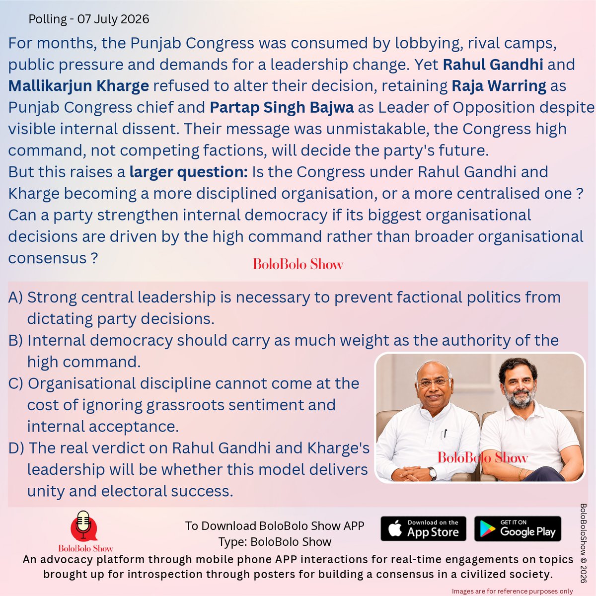 BoloBoloShow's tweet photo. If Punjab Congress leaders couldn't change the high command's decision, who really decides the party's future, the organisation or the leadership? Is this discipline under Rahul Gandhi and Mallikarjun Kharge, or growing centralisation? #PunjabCongress @kharge @RahulGandhi https://t.co/cpzdewwb90