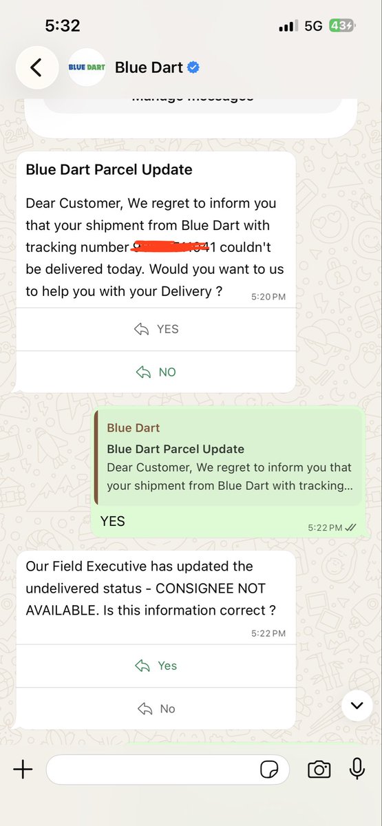 madhur_dagar's tweet photo. If they never even spoke to me, how could they possibly know whether I was available or not? Isn’t this an unfair practice that Blue Dart delivery personnel seem to be doing far too often these days? Does the company take action in such cases or just ignore completely? https://t.co/WvuSetPT2d