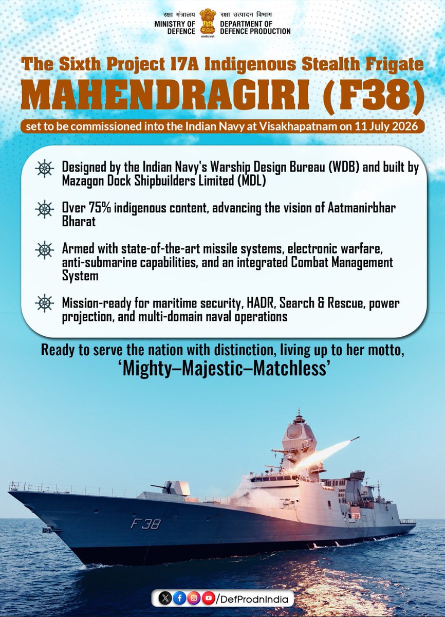 DefProdnIndia's tweet photo. Forged through innovation. Powered by indigenisation. Ready to defend.

Mahendragiri (F38), set to be commissioned into the Indian Navy on 11 July 2026, the sixth Project 17A indigenous stealth frigate, reflects India's growing self-reliance in defence manufacturing. Designed and built in India with over 75% indigenous content, the warship embodies the spirit of #AatmanirbharBharat, strengthening the nation's maritime capabilities with cutting-edge technology and mission-ready combat power.

Details: https://t.co/KUIOwVcmxt

#Mahendragiri #Project17A #IndianNavy #AatmanirbharDefence #Indigenisation #MaritimeSecurity