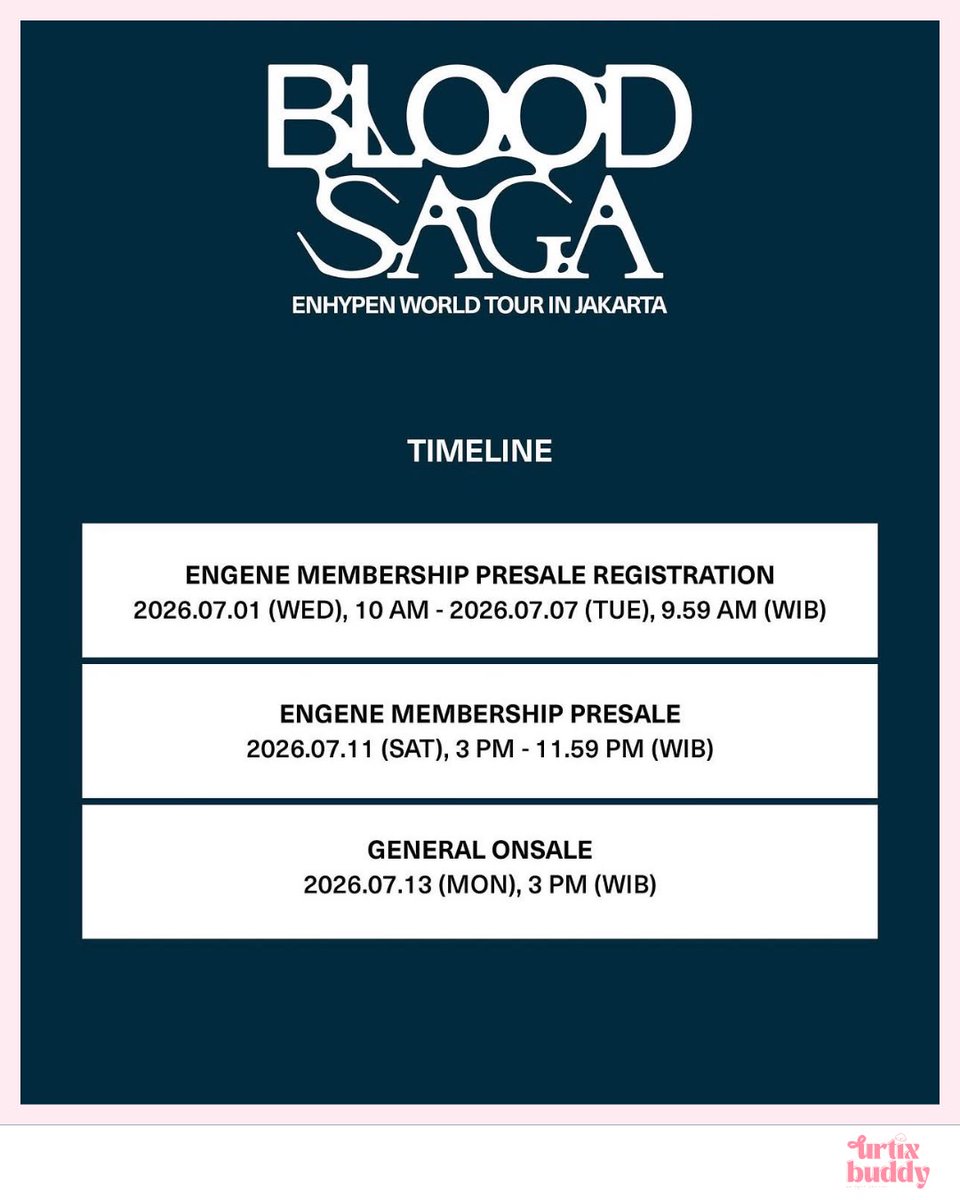 urtixbuddy's tweet photo. OPEN JASA WAR ENHYPEN WORLD TOUR ‘BLOOD SAGA’ IN JAKARTA @enhypen

Fee Jaswar: 
VIP 450,000/tix, Cat 1-7: Rp300.000/tix 
(No DP needed, fee payment after secured ur tix)

* self-payment
* limited slot
* menggunakan data pribadi &amp; membership pribadi

DM for order! ✨ https://t.co/OXNmws8MYw