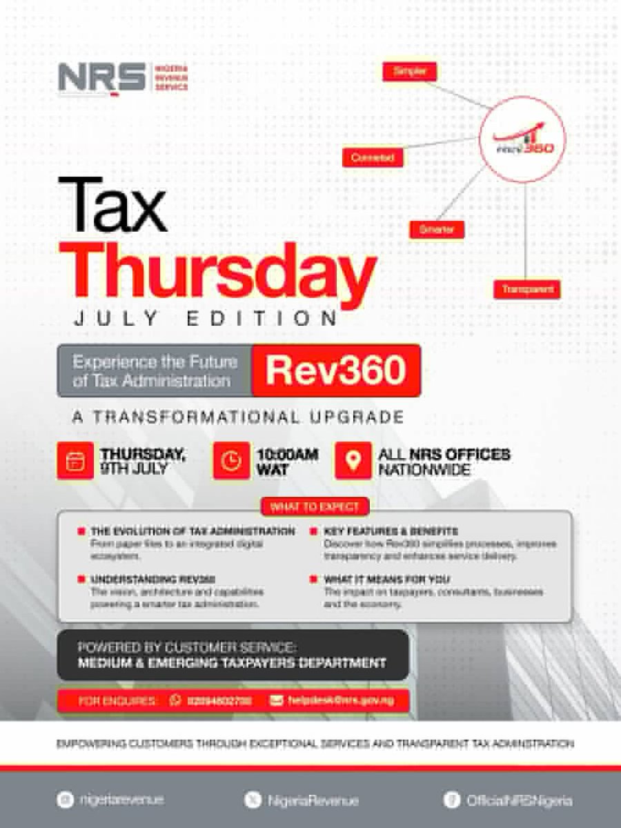 salawueedris1's tweet photo. Tax Thursday July Edition!!!

Theme: Experience the Future of Tax Administration; Rev360 (A Transformational Upgrade)

Walk in. Ask questions. Leave informed.

📅 Thursday, 9th July ⏰ 10:00AM WAT 📍 All NRS Offices Nationwide

For enquiries: 02094602700 | helpdesk@nrs.gov.ng https://t.co/bePphYnZLQ