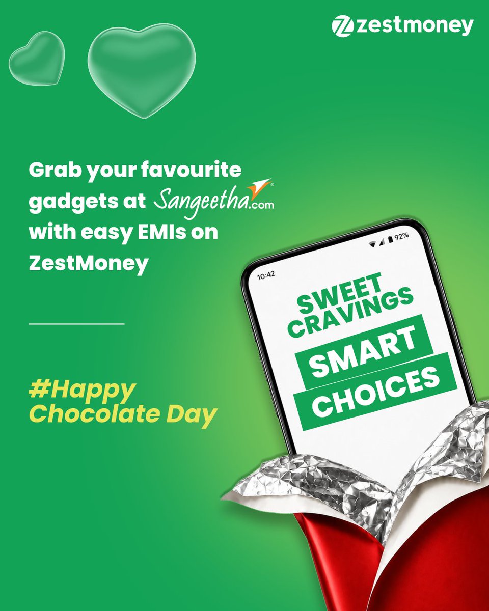 ZestMoney's tweet photo. Some cravings are for chocolate. 🍫
Some are for the latest gadgets. 📱😉

Why wait?

Shop your favourite gadgets at Sangeetha with easy EMIs on ZestMoney💚

Download the ZestMoney App today: https://t.co/gJGwkPbQFv

#HappyChocolateDay #ZestMoney #SangeethaMobiles https://t.co/SZ3tzI1rsT