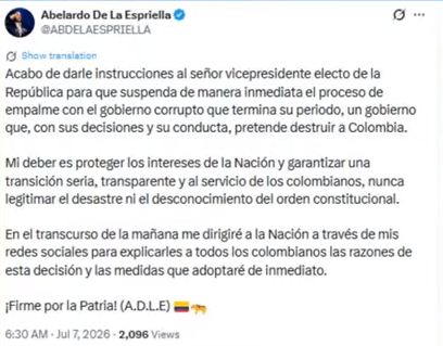 cabas844's tweet photo. El presidente electo Abelardo de la Espriella acaba de ordenar la suspensión del empalme con el gobierno que desconoce el ordenamiento constitucional, al reconocer como presidente a cepea. https://t.co/aJIGpfeXyp