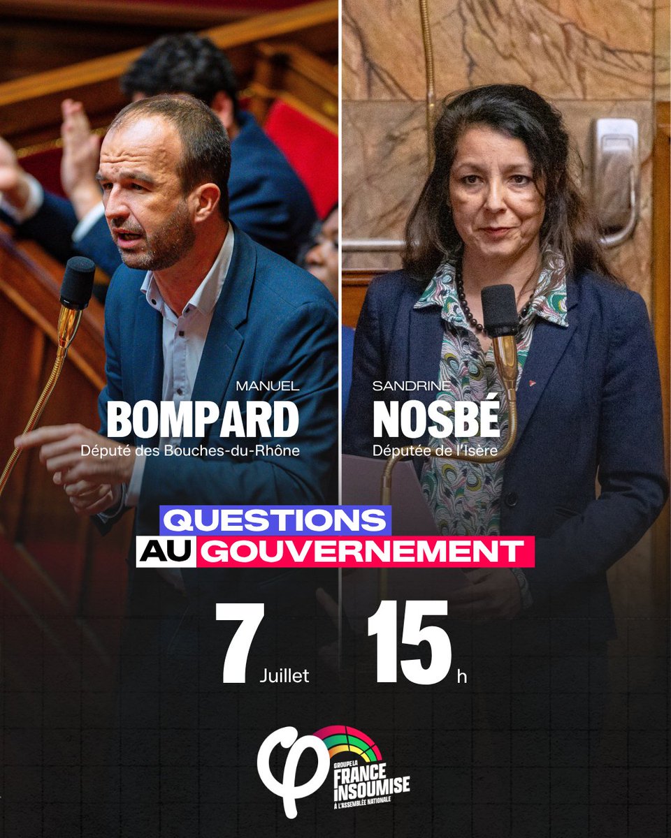 FiAssemblee's tweet photo. 🔴⚡️ Rendez-vous à partir de 15h pour suivre les Questions Au Gouvernement avec @MBompard et Sandrine Nosbé 🔥

#DirectAN #QAG https://t.co/UFnKTyyYaJ