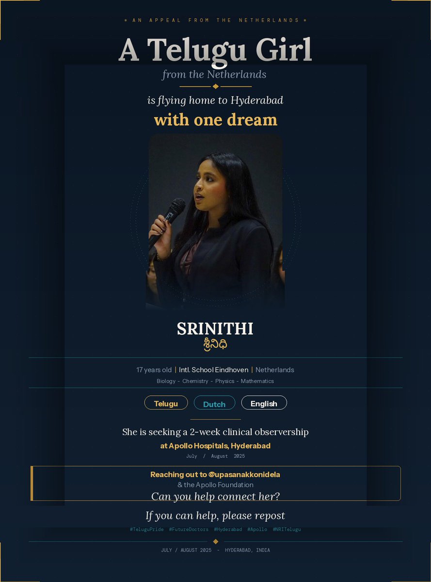 SmilySip's tweet photo. Telugu girl from the Netherlands, flying home to Hyderabad with one dream 🩺 Please RT to help her reach. @upasanakkonidela @apollofoundation 🙏 #TeluguPride #FutureDoctors https://t.co/6JW0NnDCZ4