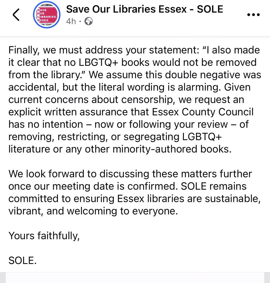 SOLE_Essex's tweet photo. We have responded (below) to an email from Cllr Hossack @Essex_CC regarding the ban on promoting Pride, Black History Month, and other themes and events at Essex #libraries We have also invited him to join an online public meeting. #LibrariesForAll https://t.co/xFfHTbzc1F