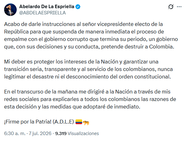 ELTIEMPO's tweet photo. 🔴#Atencion | A través de su cuenta de X, el presidente electo, Abelardo de la Espriella, ordenó la suspensión del proceso de empalme con el gobierno del mandatario Gustavo Petro. 

"Acabo de darle instrucciones al señor vicepresidente electo para que suspenda de manera inmediata el proceso de empalme".
