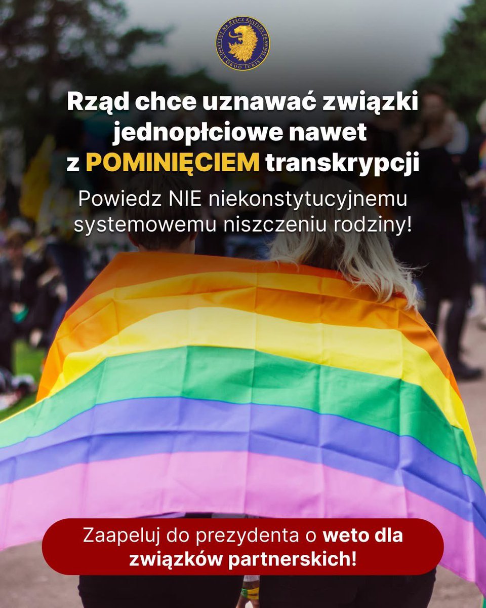 OrdoIuris's tweet photo. ⏳ 9 dni. Tyle czasu ma Prezydent na decyzję w sprawie ustawy o „osobie najbliższej" – pierwszej w historii Polski regulacji formalizującej związki jednopłciowe.

Senat przyjął ustawę bez poprawek. Wraz z nią – nowelizację aż 240 ustaw. Przekazaliśmy Prezydentowi szczegółową opinię prawną i apelujemy o weto: ustawa, mimo zmienionej nazwy, wprowadza związki partnerskie sprzeczne z art. 18 Konstytucji RP. Stawką nie są „praktyczne udogodnienia" – te w większości istnieją już dziś. Stawką są małżeństwo, rodzicielstwo i rodzina.
Przeczytaj naszą analizę: https://t.co/QzLQzYvuST

To jednak nie wszystko. Równolegle – ciszej, bo na poziomie zwykłego rozporządzenia – Ministerstwo Rodziny chce uznawać zagraniczne związki jednopłciowe za małżeństwa dla celów zasiłkowych. Bez ustawy, bez debaty, wbrew Konstytucji. Piszemy o tym tutaj: https://t.co/4bT0HXHnEX
Ponad 62 tys. Polaków podpisało już apel o weto. Każdy kolejny głos ma znaczenie. ✍️
👉 Podpisz petycję: https://t.co/v3OmVCJVye