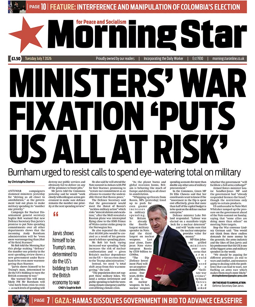 CNDuk's tweet photo. CND General Secretary @SK_Bolt quoted in today's Morning Star. Increased war spending “only increases the risk of nuclear confrontation and — given Britain’s nuclear dependence on the US — ties us even closer to the Trump administration.”

Read More: https://t.co/uCO3tni5Nb https://t.co/4y9niTmCmf