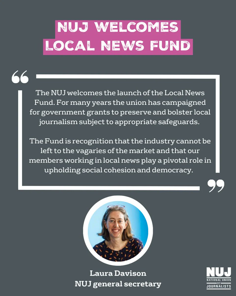 NUJofficial's tweet photo. "The Fund is recognition that the industry cannot be left to the vagaries of the market and that our members working in local news play a pivotal role in upholding social cohesion and democracy," said Laura Davison, NUJ general secretary.

Read more➡️ https://t.co/sqN70C5O3q https://t.co/cOTyTtVBKP