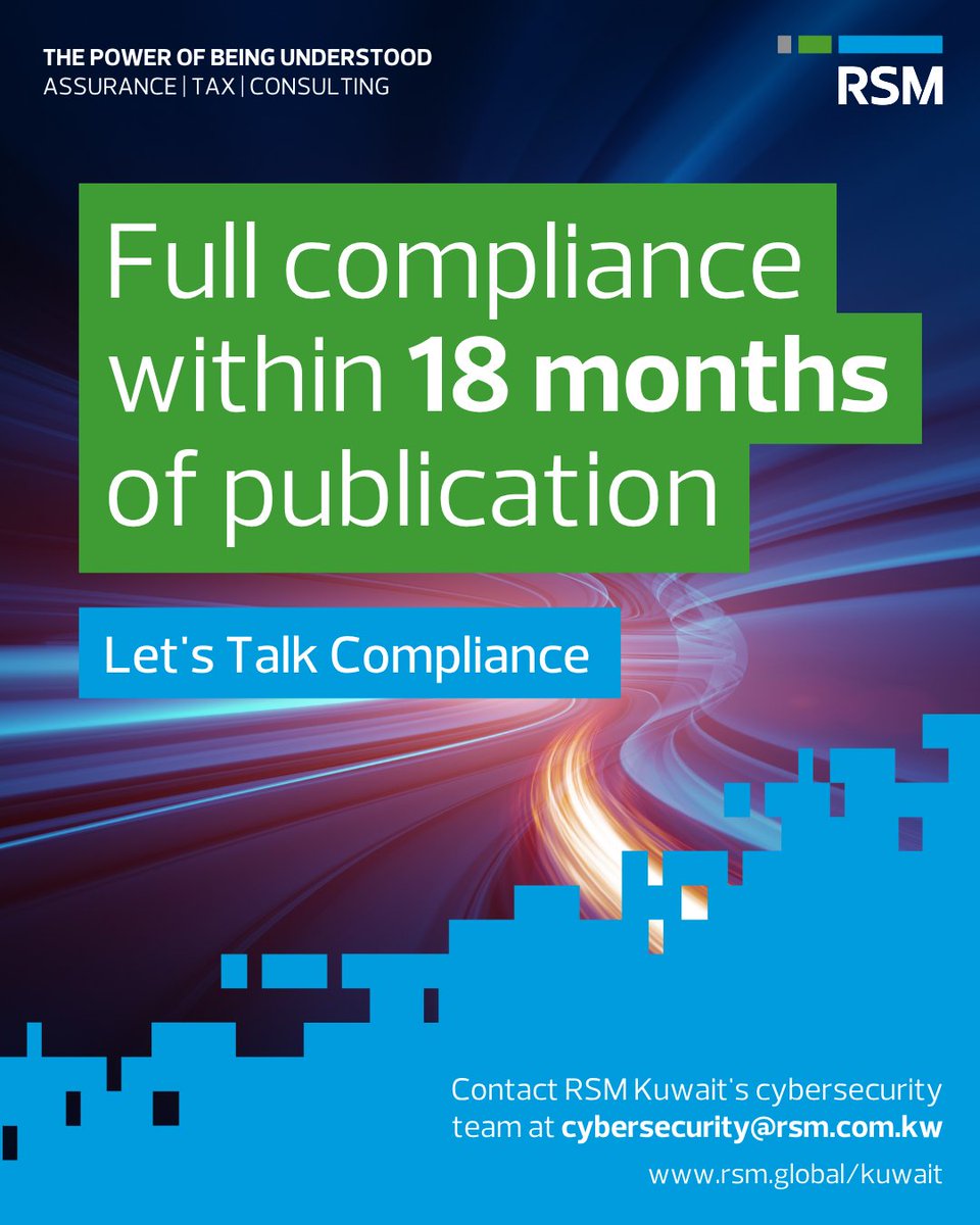 RSMKuwait's tweet photo. Kuwait's National Basic Cybersecurity Controls (NBCC) establish a mandatory cybersecurity baseline through six core functions: Govern, Identify, Protect, Detect, Respond and Recover.

For many organisations, compliance goes beyond technology. It requires effective governance, documented controls and evidence to demonstrate compliance in practice.

At RSM in Kuwait, we support organisations throughout their NBCC compliance journey, from readiness and gap assessments to control implementation, testing and regulator-ready documentation.

To discuss your organisation's NBCC readiness, contact our Cybersecurity team at cybersecurity@rsm.com.kw or 
learn more about our Cybersecurity services at:https://t.co/2rrZFim7Dv