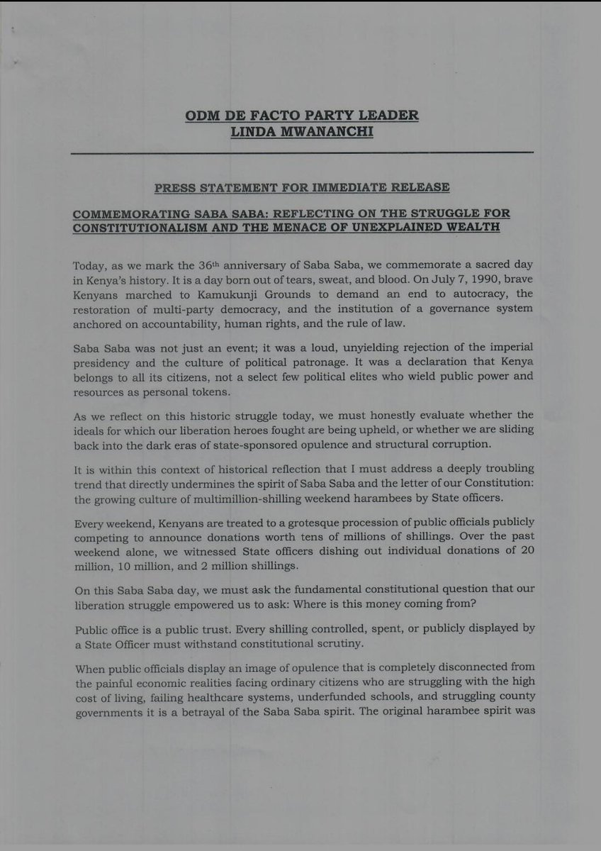 orengo_james's tweet photo. PRESS STATEMENT FOR IMMEDIATE RELEASE

7TH JULY, 2026

COMMEMORATING SABA SABA: REFLECTING ON THE STRUGGLE FOR CONSTITUTIONALISM AND THE MENACE OF UNEXPLAINED WEALTH https://t.co/c6woT61eAu