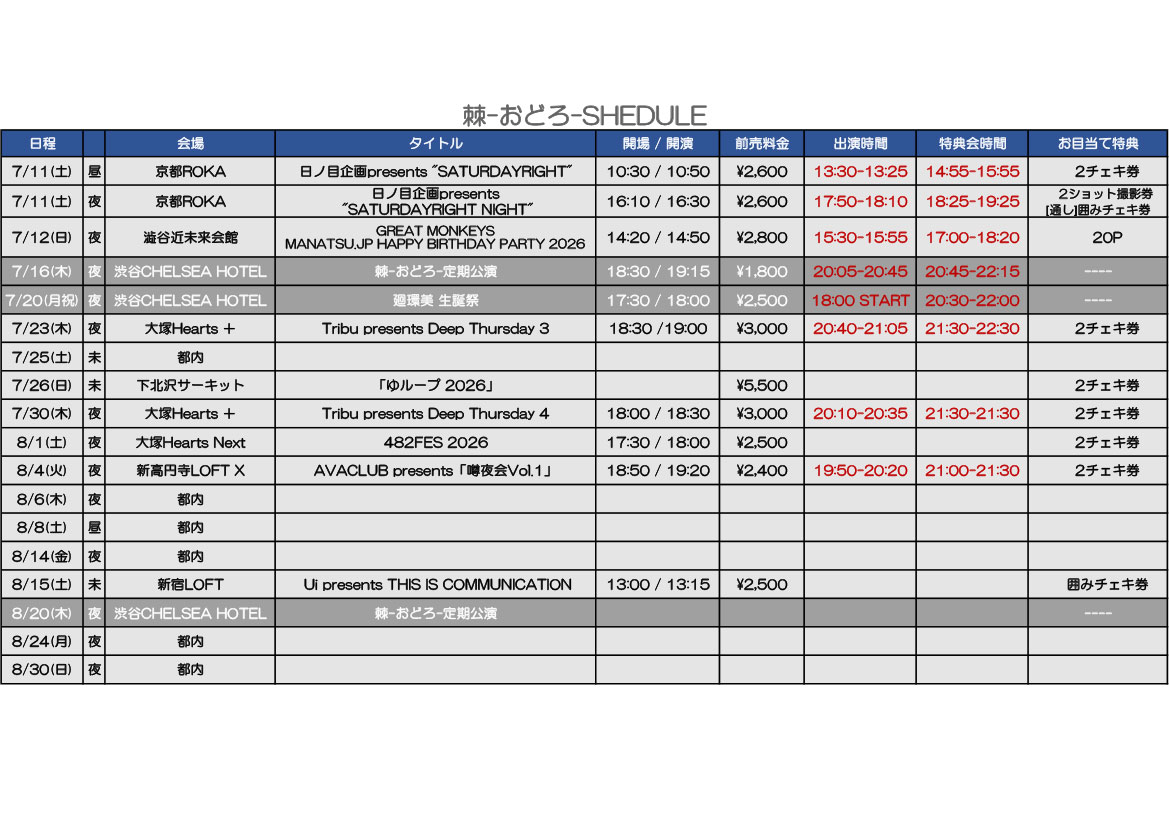 odoroproject's tweet photo. 7/7更新 
https://t.co/FszoyarFd6 

AL『★★★★★★』発売中！ 
MV https://t.co/dy5Lfac5dh  

7/16(木)定期公演（渋谷CHELSEA HOTEL） https://t.co/PnPEaPWVp6

7/20(月祝) 廻環美生誕祭（渋谷CHELSEA HOTEL）  https://t.co/RfTeQJAuvV 

◉今後の定期（渋谷CHELSEA HOTEL）
8/20(木)  

配信
https://t.co/6daDlnA2pv
#棘ちゃん
#拡散希望