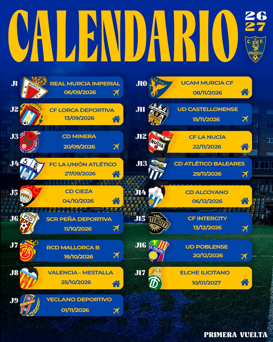 Orihuela_CF's tweet photo. 📅 𝗤𝗨𝗘 𝗡𝗢 𝗦𝗘 𝗧𝗘 𝗘𝗦𝗖𝗔𝗣𝗘 𝗡𝗜𝗡𝗚𝗨́𝗡 𝗣𝗔𝗥𝗧𝗜𝗗𝗢. 🦂

Ya tienes el calendario completo de la temporada 2026/27. 💛💙

📲 Guárdate estas imágenes en el móvil y ten siempre a mano todas las jornadas del campeonato.

Nos esperan kilómetros, trabajo, ilusión… y muchas batallas por delante.

JUNTOS, ¡AL TAJO! 💛💙