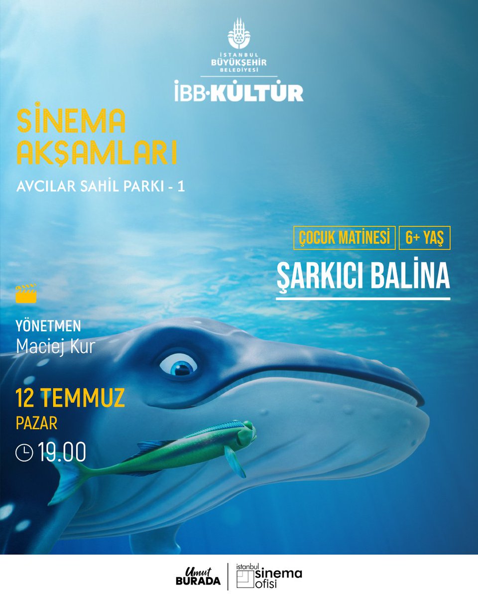 ibb_kultur's tweet photo. Avcılar Sahil Parkı, Sinema Akşamları kapsamında birbirinden keyifli iki filmi izleyicilerle buluşturuyor.

Pazar akşamı çocuklar Şarkıcı Balina filmini, yetişkinler ise yönetmenliğini Nadim Güç’ün yaptığı Mukadderat filmini izleyecek.

Sandalyeni kap gel, açık havada sinema keyfini birlikte yaşayalım.