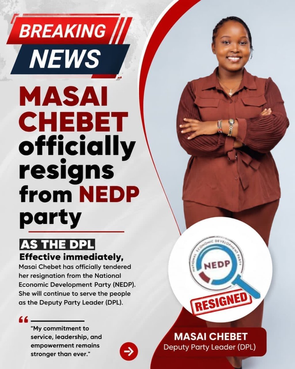 Justevance's tweet photo. Naomi Chebet Masai has stepped down as Deputy Party Leader of NEDP, citing a bid for the National Youth Council. She had been a key face of NEDP's youth agenda since the party's December 2025 launch.
#ChebetResignsNEDP #ChebetNYC https://t.co/j2nP2RCwnX