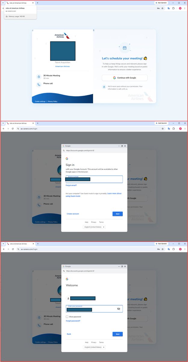 Kb4Threatlabs's tweet photo. PHISHING ALERT: Dream job or credential trap? 

How attackers are weaponizing legitimate cloud chains for perfect BitB phishing

KnowBe4 ThreatLabs is tracking a credential harvesting campaign that strings together AWS WorkMail, Salesforce Marketing Cloud, and Render to run BitB phishing against job seekers.

The lure: personalized recruiter outreach impersonating Deloitte, American Airlines, and Lamborghini.

The CTA : "Schedule Introductory Call" routes through a legitimate Salesforce ExactTarget click-tracker, cleanly bypassing URL reputation filters.

Victims land on a brand-specific fake careers portal styled as a Calendly scheduler convincing recruiter profile on the left, Browser-in-the-Browser (BitB) fake Google OAuth popup on the right. The DOM overlay is pixel-perfect. Credentials are silently POSTed to a dedicated Render backend the moment the victim hits "Sign in."

Three brands. Three phishing portals. Three exfil endpoints. Same kit, swappable brand skins.

 IoCs —  Block/Hunt:

Sender Domains:
no-reply@<org[.]name>-jobs[.]awsapps[.]com

Click-Tracker:
cl[.]s12[.]exct[.]net

Phishing Landing Pages:
deloitte-careers[.]com
aa-careers[.]com
lamborghini-jobs[.]com

Credential Exfiltration Backends:
deloitteback2026[.]onrender[.]com
backw2026v3v3[.]onrender[.]com
lamboback2026[.]onrender[.]com

Chaining trusted infrastructure through legitimate services to hide malicious redirects is now table stakes. If a job email is pushing you to Google-authenticate into a scheduler — stop.

#KnowBe4ThreatLabs #Phishing #BitB #CredentialHarvesting #AWSWorkMail #SalesforceAbuse #FakeJobs #ThreatIntel
