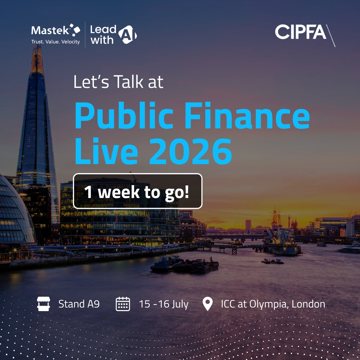 Mastekltd's tweet photo. The countdown is on, just one week until Public Finance Live 2026. 

Visit Team Mastek at Stand A9 to discuss the opportunities and challenges shaping the future of public services. From AI-ready data foundations to modern operating models, we're helping public sector organisations transform with confidence.

#Mastek #PublicFinanceLive #PublicFinanceLive2026 #UKPublicSector #CIPFA #CIPFAAnnualConference #ICCOlympiaLondon