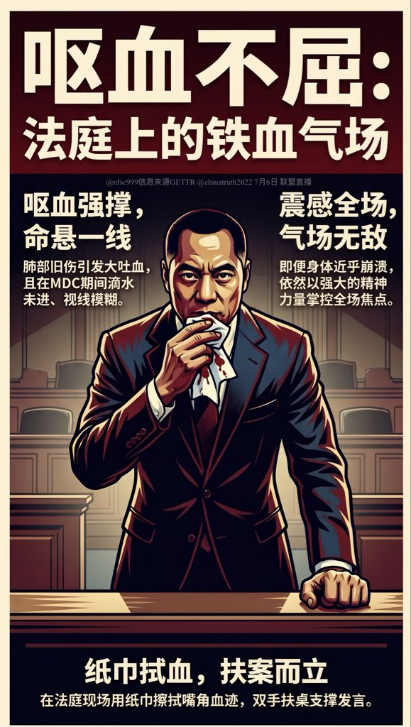nfsc999's tweet photo. 郭文贵先生在出庭前因呕吐引发肺部旧伤大吐血，在MDC（布鲁克林大都会拘留所）时又滴水未进、视线模糊。即便如此，在法庭上他仍强撑着身体，双手扶桌站立发言，展现了强大的气场。 https://t.co/P4sA0ugLLj