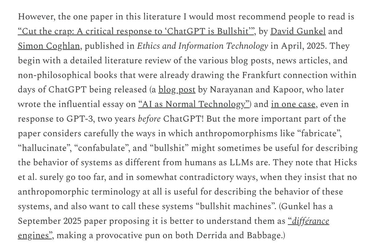 David_Gunkel's tweet photo. "On #LLM Bullshit"
Useful review article by Kenny Easwaran highlighting "Cut the Crap: A Critical Response to 'ChatGPT is Bullshit'" co-authored with @CoghSimon. And it even include a nice parenthetical sidebar about "The Différance Engine." 
https://t.co/wXLtBY60Re https://t.co/nmS5jKJTIa