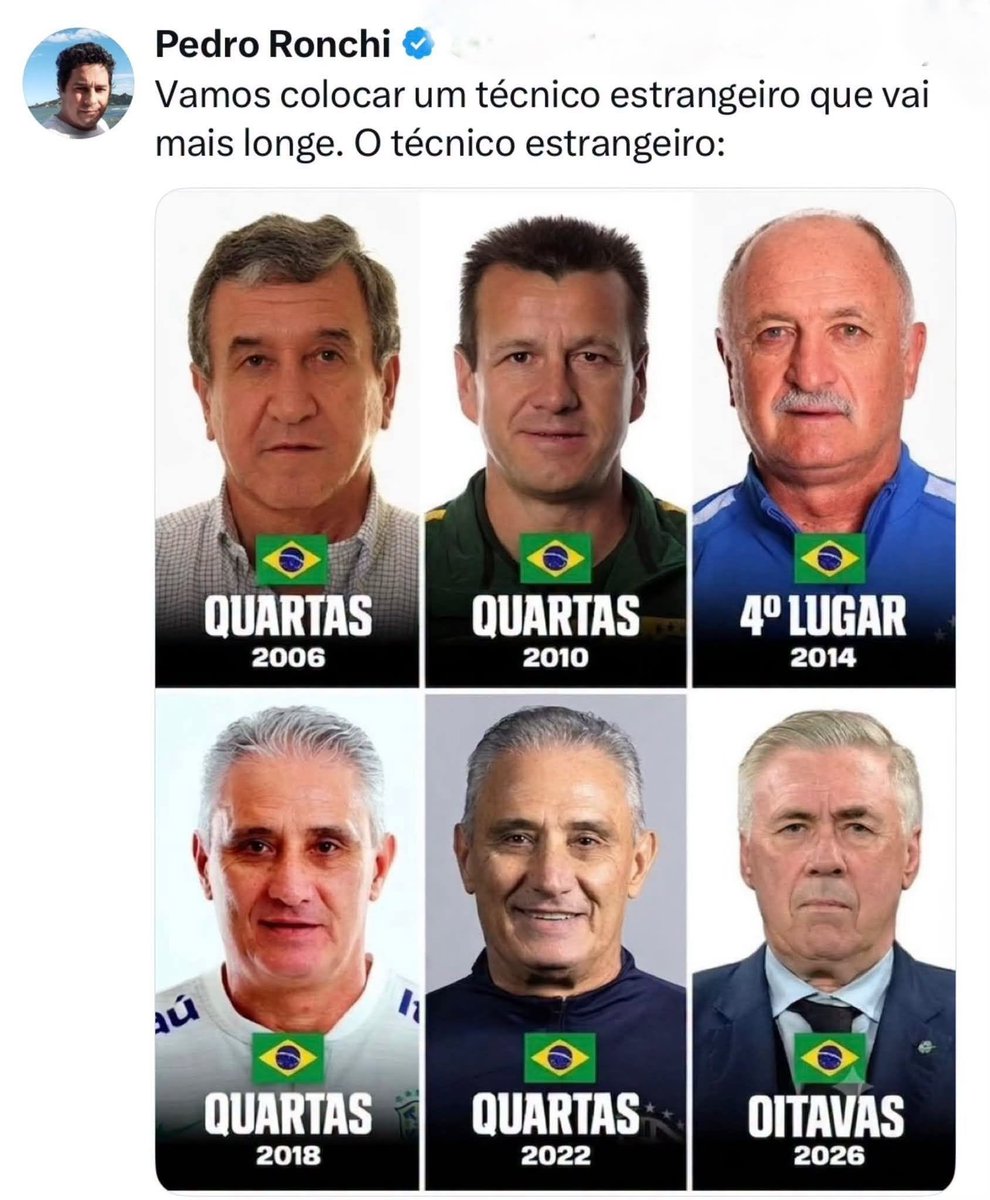 AdnanvpPeixoto's tweet photo. Técnicos que já passaram pela seleção brasileira e conseguiram esse resultado, na sua opinião quem deveria ser o novo técnico  da seleção brasileira caso Ancelotti venha a ser demitido ou pedir demissão? https://t.co/3cEiRBb4Ig