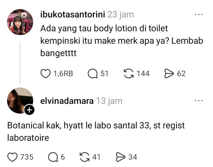 finkyy_3's tweet photo. Keren banget mbak tau merk body lotion yang di toilet Kempinski 😭 tapi emang body lotionnya enak bgt sih bikin lembab dan aromanya nempel bgt lagi😭😭 https://t.co/ZMsAIM9rQ7
