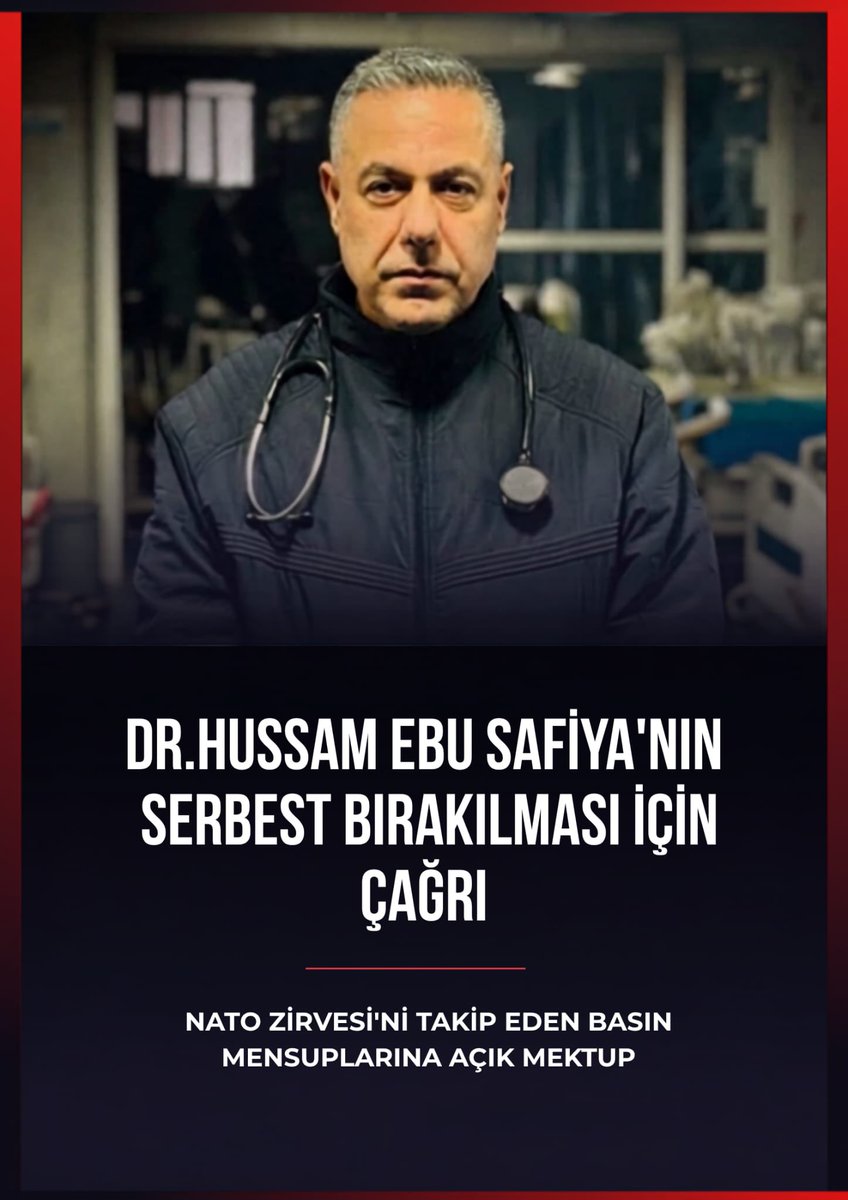 standingdoctors's tweet photo. Kıymetli takipçilerimiz;

NATO ZİRVESİNE katılan basın mensuplarına işgalci israil elinde esir bulunan Dr Hüsam Ebu Safiye ve sağlık çalışanlarının kurtarılmasını gündem yapmalarını talep eden açık mektubu tüm hekim ve sağlık çalışanlarının imzaya davet ediyoruz.
Katılır ve gruplarınızda duyurursanız memnun oluruz.
👇

https://t.co/pKtC8LTU9p   NATO ZİRVESİNİ TAKİP EDEN BASIN MENSUPLARINA AÇIK MEKTUP