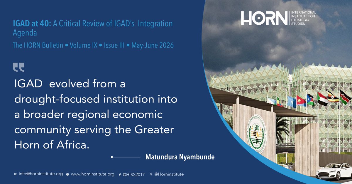 Horninstitute's tweet photo. IGAD at 40: A Critical Review of IGAD's Integration Agenda

Four decades after its establishment, IGAD has evolved from an institution focused on drought and development into a Regional Economic Community. Yet institutional constraints, sovereignty concerns, and implementation gaps continue to limit deeper regional integration in the Greater Horn of Africa.

👉 Article 1 in The HORN Bulletin, Vol. IX, Issue III (May–June 2026), by Matundura Nyambunde examines IGAD's evolution, achievements,  challenges, and the reforms needed to strengthen regional integration.

🔗 Read the full article:https://t.co/QhmQU0iWli