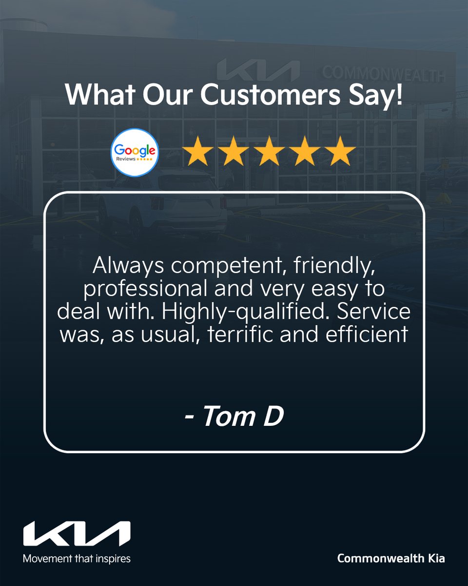 CMKIA_'s tweet photo. Thank you to our Commonwealth Kia customers for the 5-star love! ⭐⭐⭐⭐⭐

We’re proud to hear our team continues to deliver friendly, professional, and efficient service every visit.

Schedule your next visit with Commonwealth Kia:
https://t.co/8h4mJiaMDK

#CommonwealthKia https://t.co/s6SVxE23uX