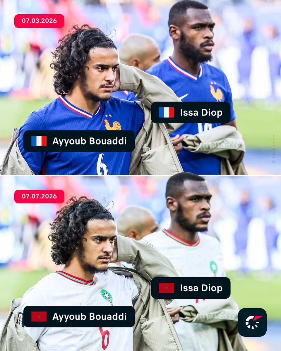 Flashscorecom's tweet photo. Four months ago, Issa Diop and Ayyoub Bouaddi were eligible to play for France. Now they're about to face them. 👀

#FRAMAR https://t.co/PxuGFLxanR