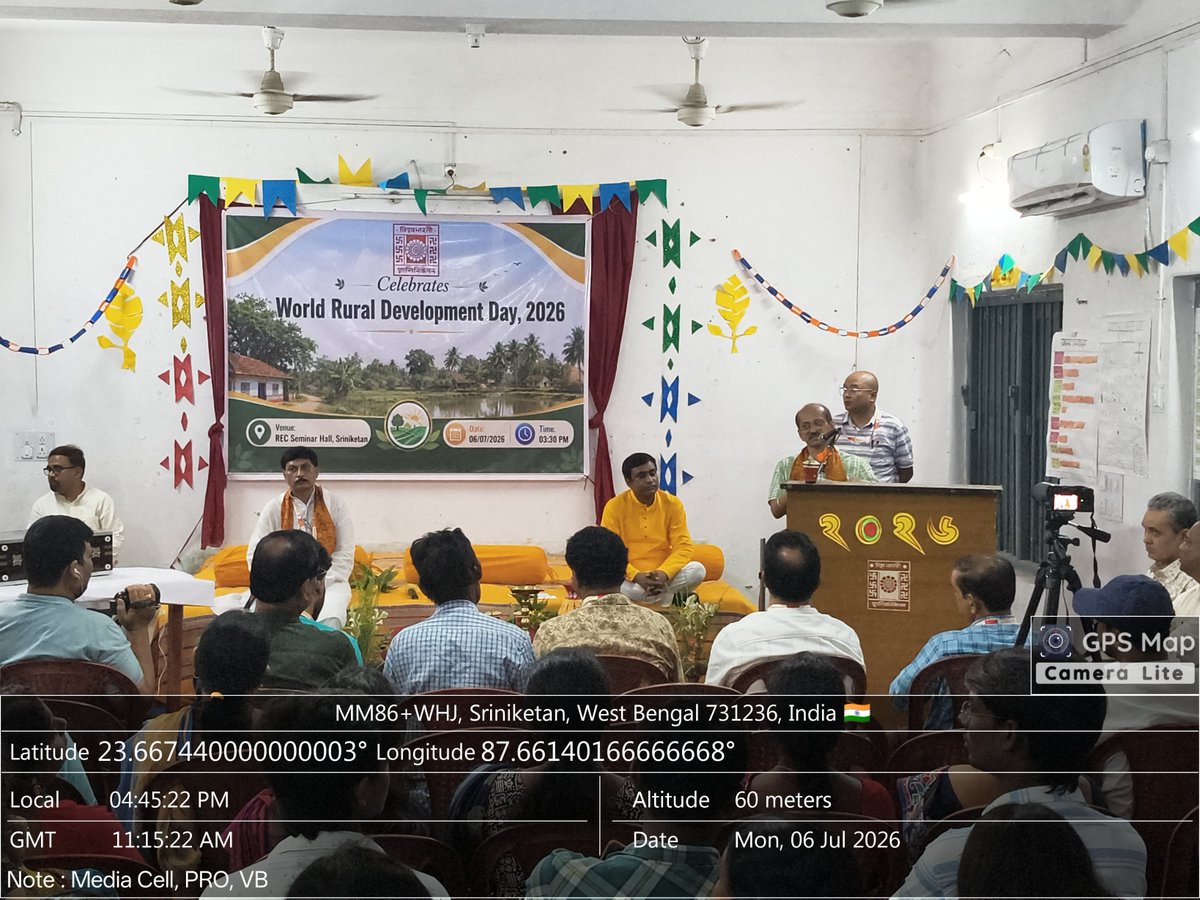 VisvaBharatiPRO's tweet photo. World Rural Development Day 2026 
On 6 July 2026, the REC Seminar Hall, Sriniketan, hosted a meaningful celebration of World Rural Development Day, bringing together distinguished dignitaries, academicians, development practitioners, and alumni to reflect on the progress and future of rural development.
The programme featured insightful addresses by Dr. Probir Kumar Ghosh, Hon'ble Vice-Chancellor, Visva-Bharati; Shri Anup Kumar Saha, MLA, Dubrajpur Constituency, Birbhum; Ms. Anamika Majumdar, Special Secretary, Department of Panchayat & Rural Development, Government of West Bengal; Dr. Puspajit Sarkar, Director, Terai Tea Farmer Producer Company Limited, Siliguri; along with esteemed alumni of Rural Development, Visva-Bharati.
The event was further enriched by the presence of Professor Amit Kumar Hazra, Director, SEI&RR, Visva-Bharati, and Dr. Subhrangsu Santra, Associate Professor, LL&E (REC), Visva-Bharati.
The celebration featured inspiring speeches, cultural performances, music, and Ashram Sangeet, highlighting the spirit of community development and the enduring vision of rural transformation.
#WorldRuralDevelopmentDay #RuralDevelopment #VisvaBharati #Sriniketan #CommunityDevelopment #SustainableDevelopment #RuralTransformation #EducationForDevelopment