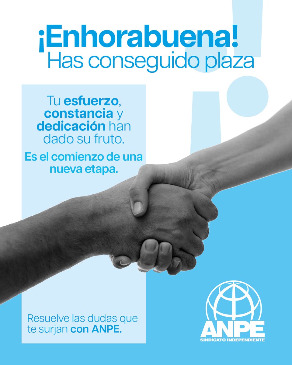 anpenacional's tweet photo. 🎉 ¡Enhorabuena a quienes habéis conseguido vuestra plaza!
🌐 Desde ANPE queremos felicitar a todas las personas que han superado el proceso selectivo y comienzan una nueva etapa como docentes. 
💙 ¡Enhorabuena y cuenta con ANPE para recorrer el camino juntos. https://t.co/kwsOqdc4CR