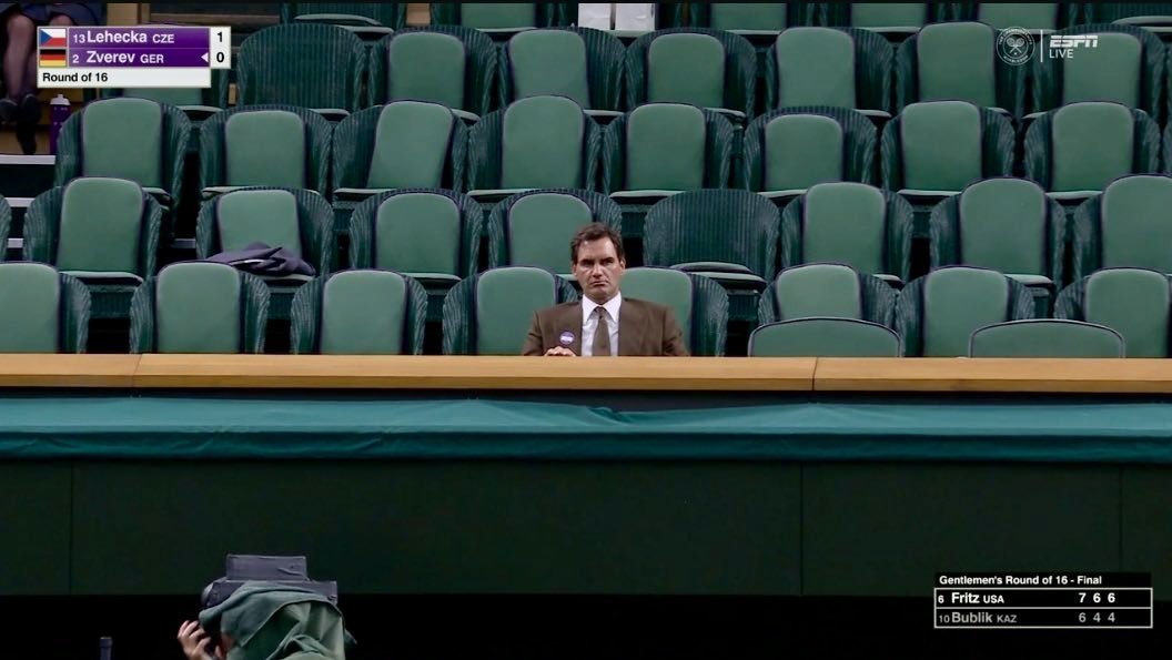 JamesMelville's tweet photo. Almost the entire Royal Box had left Centre Court by the time the final match of the day got underway at Wimbledon between Alexander Zverev and Jiri Lehecka at 9pm. One person however, remained in their seat: Roger Federer. A class act who genuinely loves the game of tennis. 🎾 https://t.co/JJ5f47iynJ