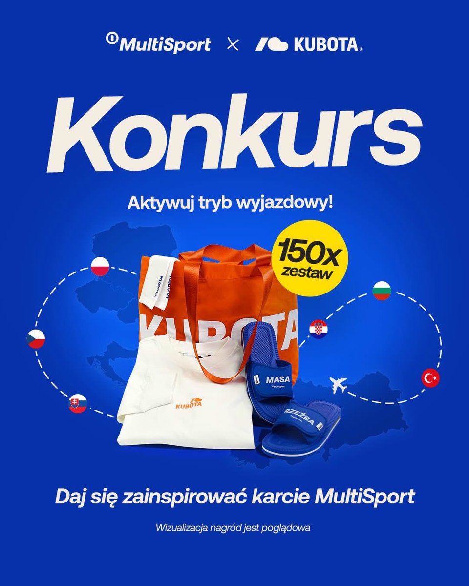 kubotastore's tweet photo. Aktywuj tryb wyjazdowy! 
Zwłaszcza, jeśli spakuje Cię na niego MultiSport i Kubota i weź udział w konkursie!  

🎉 Co zrobić, żeby wygrać? Wejdź w llink🔗: https://t.co/o2sE2Vcx3O

Odpowiedz na pytanie konkursowe, wyślij formularz i czekaj na wyniki, może to właśnie Ty wygrasz! 

Do zgarnięcia stylowe nagrody na aktywny wyjazd 🎁: 

👜Torba, która pomieści całą Twoją miłość do aktywności (i do marki Kubota) 

🩴Kultowe klapki, które sprawdzą się zawsze i wszędzie (i do wszystkiego) 

👕Longsleeve oversize, bo każdy z nas czasem potrzebuje nieco ciepełka (i dobrego stylu!) 

🧦Skarpetki, które sprawdzą się z klapkami, albo bez (ale po co Ci bez?) 

📅 Na Wasze zgłoszenia czekamy do 05.08.2026, do godz. 23:59. 
📢 Regulamin konkursu dostępny na stronie konkursowej. 
  
Powodzenia!✨