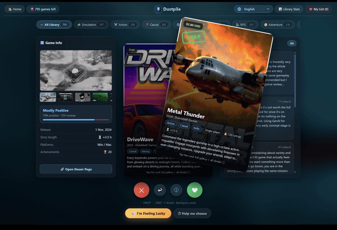 Pirat_Nation's tweet photo. Indie developer tolgatr0n created Dustpile, a web app that works like Tinder for your Steam backlog, enter your public Steam profile, and the app shows your unplayed games one by one. Swipe right for games you want to play, or swipe left to skip them.

Each game card includes the cover art, genre, Metacritic score, review summary, screenshots or trailers, current price, and an estimate of how long it takes to beat.

When you’re done swiping, Dustpile creates a shortlist of your picks. 
You can sort them by genre, share the list with friends, export it, browse your wishlist the same way, and see the total value of games you’ve bought but haven’t played yet.

The developer says the app is completely free, supports 12 languages, and was built after realizing how many games were sitting untouched in their own Steam library.