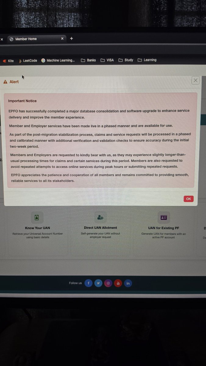 weeeeeeshal's tweet photo. @officialepfo 7 days past your deadline you have not delivered the fully operational system to public. I can view my passbook, get an advisory to not access portal during peak hours. What did you update? Homepage with neta ji ka photo? https://t.co/flNUCr9YaV