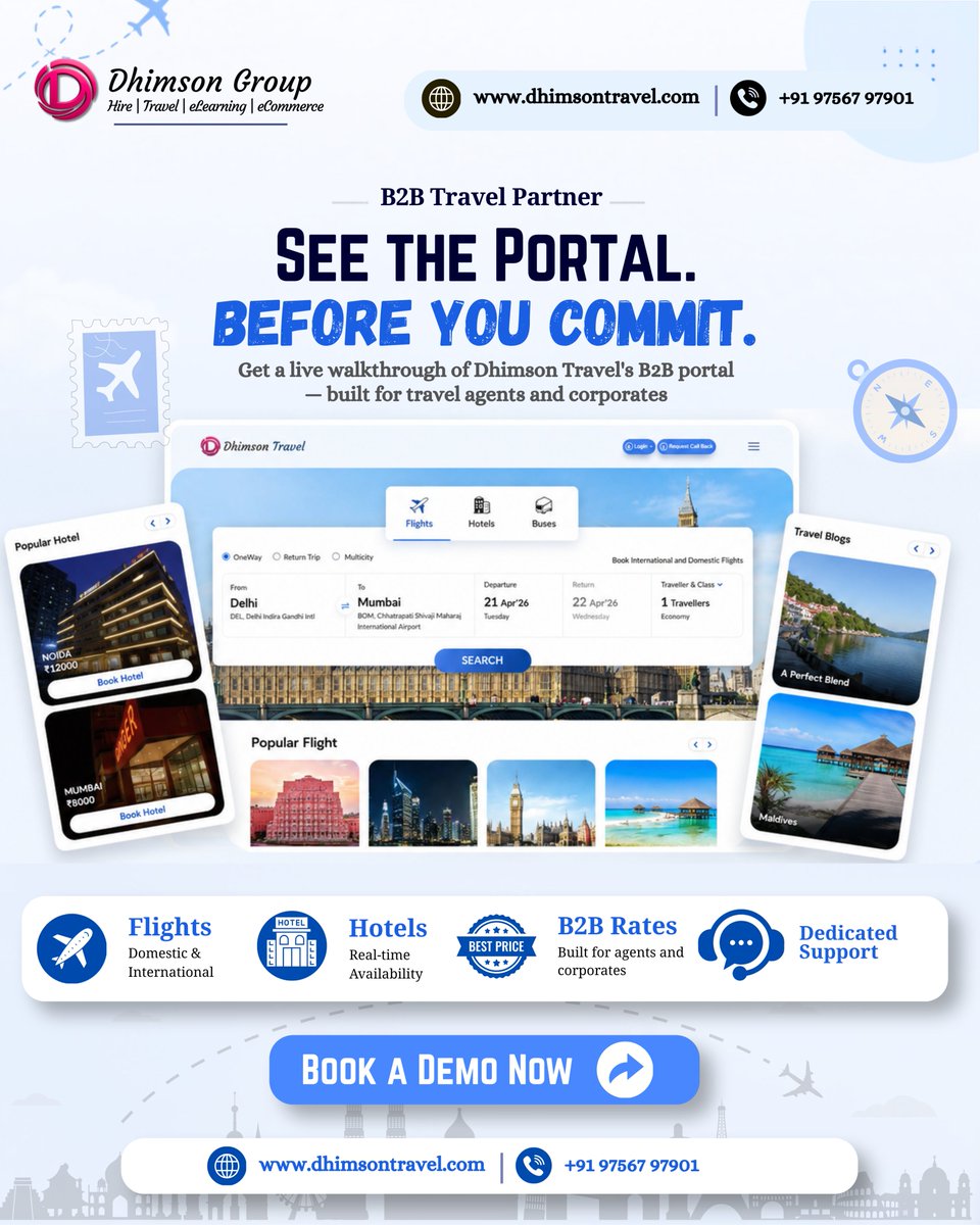 DhimsonT52064's tweet photo. Don't just take our word for it. See it live.
Dhimson Travel's B2B portal — flights, hotels &amp; buses at exclusive rates. Built for agents &amp; corporates.
📅 Book a Demo → https://t.co/q1oNaU6yB3 | +91 97567 97901
#DhimsonTravel #BookADemo #B2BTravelPortal #TravelAgents #Corporate https://t.co/NUqAmrrxHG
