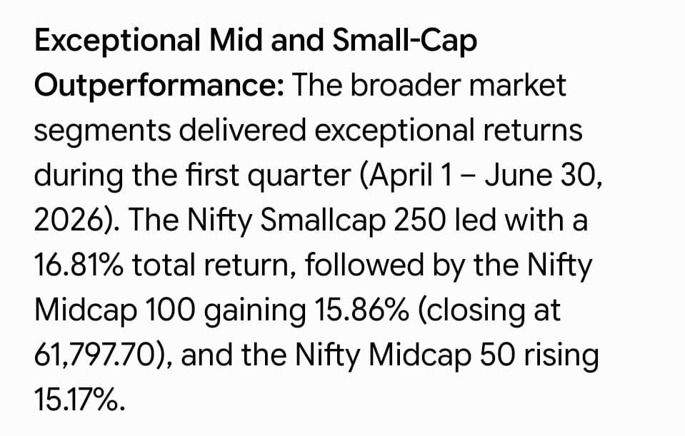 Starboy2079's tweet photo. Over $700 billion was wiped out from Asian markets in just a few hours, yet India continues to outshine the world with remarkable resilience.

Nifty Midcap 50 gained 15%, Nifty Midcap 100 rose 16%, and Nifty Smallcap 250 led the way with 17% returns in Q1 FY27.

The doom merchants who criticize the Indian market every day on Twitter are exceptionally silent about this bloodbath in Asian markets and the resilience of Indian markets.
