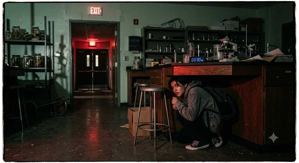 suingziyoung's tweet photo. Remembering the lab's layout, i scrambled into the narrow gap beneath the back supply counter, pulling a heavy stool in front of me to hide my silhouette just as you heard footsteps echoing down the hall. https://t.co/HwVUiouA0n