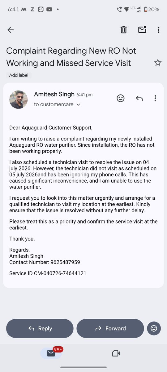 amitesharyan's tweet photo. Very disappointed with @EurekaforbesIN . My newly installed Aquaguard RO stopped working almost immediately.I registered a service complaint 4 days ago, unnecessary mental harassment. Please resolve this issue immediately. #EurekaForbes #Aquaguard #CustomerService https://t.co/4vlMl7wom3