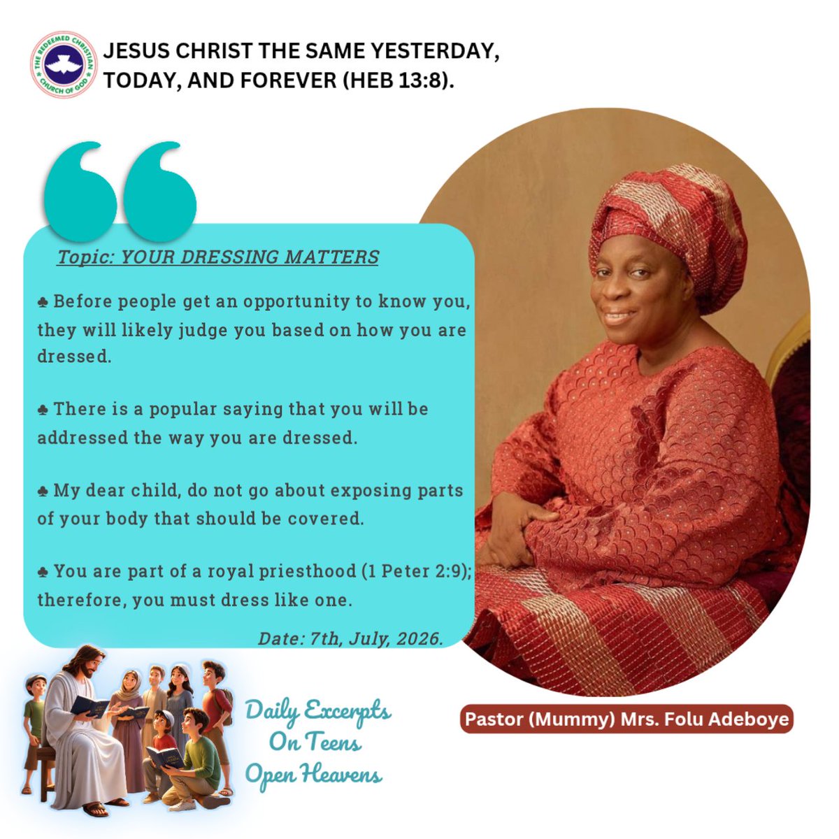 EMMANUE40207194's tweet photo. Teens Open Heavens!! 🙏🏽
Topic: Your Dressing Matters!!🙏🏼
@rccghq @dovetv
@RCCG_PR @rccgyayaglobal
#JESUS #Jesus
#JESUSCHRIST #JesusChrist
#JesusLovesYou #JesusSaves
#JesusDelivers #JesusLoves
#RCCG #OpenHeavens
#EAA #DailyDevotion #DailyDevotionalGuide
#ReadYourBible #Excerpts https://t.co/zhOCa8fdRy