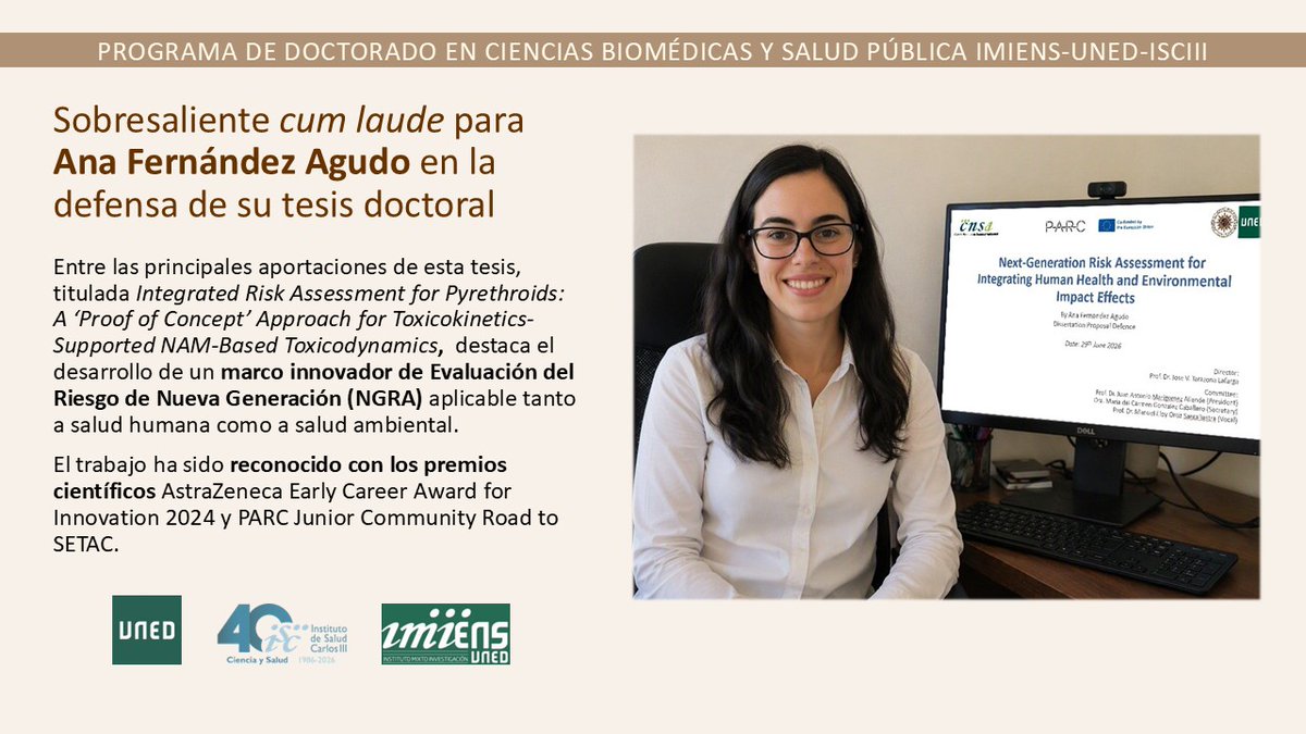 IMIENS_UNED's tweet photo. 👏Enhorabuena, Ana ‼️Sobresaliente cum laude para Ana Fernández Agudo en la defensa de su tesis doctoral 💡La tesis desarrolla un marco innovador de Evaluación del Riesgo de Nueva Generación #NGRA 🏅🏅Una contribución científica doblemente premiada 👏👉 https://t.co/ijFacBo5SD https://t.co/21tGvfFmx2
