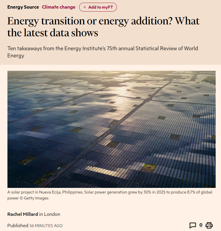 ominodellaluce's tweet photo. Energy transition or energy addition?
...the second one you said ✌️
Nel 2025 nel Mondo 🌍 l'offerta complessiva di energia (supply) è cresciuta dell' 1,7% e le emissioni dell'1,1%. Consumo #fossili in crescita🤷♂️
via @FT
https://t.co/KIxrxQ7gr8 https://t.co/LgbcSBqVZk