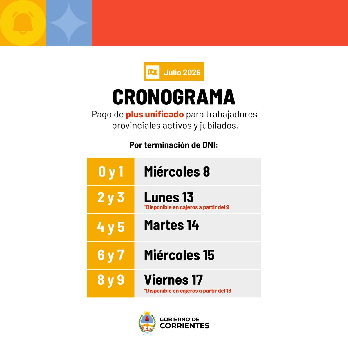 CorrientesGob's tweet photo. CRONOGRAMA| El pago del Plus Unificado del mes de julio para trabajadores provinciales activos y jubilados será por terminación de DNI.

* En cajeros: a partir de los jueves 9 y 16 de julio para documentos terminados en 2 y 3 y 8 y 9, respectivamente. https://t.co/1BeqnoKF4J