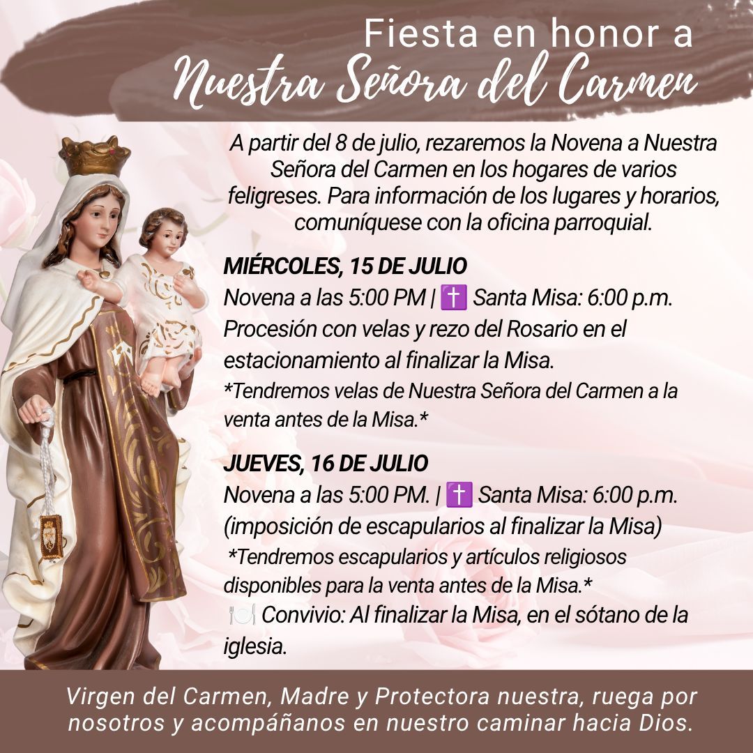 StAloysius2's tweet photo. Join us as we honor Our Lady of Mount Carmel on July 15 &amp; 16!

Come honor our Blessed Mother through the Novena, Holy Mass, a candlelight procession on July 15, and the blessing and imposition of the Brown Scapular on July 16.

Celebrations will be held in Spanish. https://t.co/X62ZYbonQZ