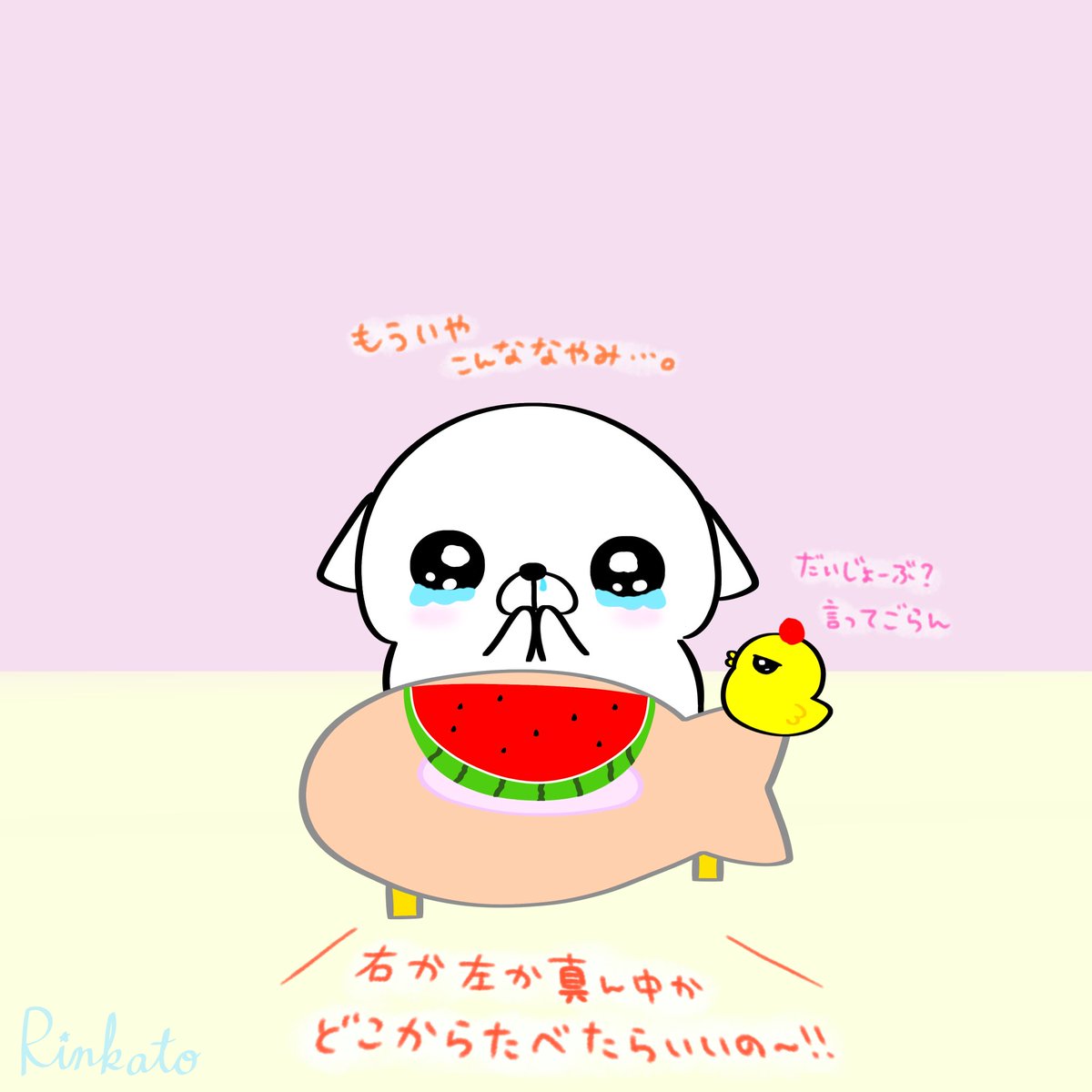 _rinkato_'s tweet photo. 『なやみのタネ🍉』
#４コマ絵本 #イラスト https://t.co/KpazyEPffc