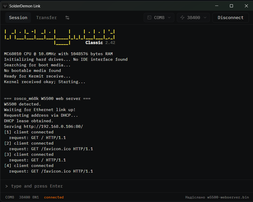 SolderDemon's tweet photo. Experimenting with the rosco_m68k and a W5500 module. Threw together a super simple web server that, for some reason, crashes after just a few requests :) https://t.co/PV7JlTkm3R